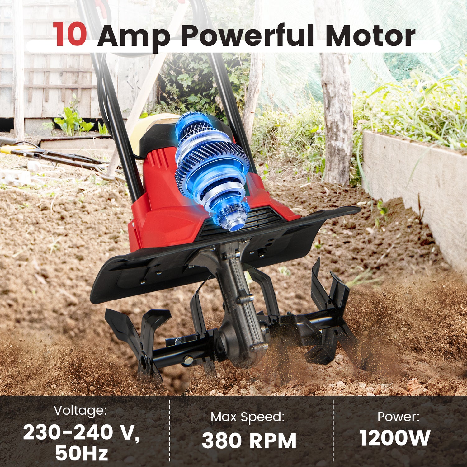 10 Amp Powerful Corded Electric Tiller Cultivator with Safety Lock-Red