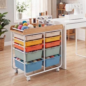 10-Drawer Rolling Cart with Wooden Tabletop and Lockable Wheels for Office-Macaron