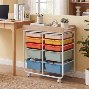 10-Drawer Rolling Cart with Wooden Tabletop and Lockable Wheels for Office-Macaron