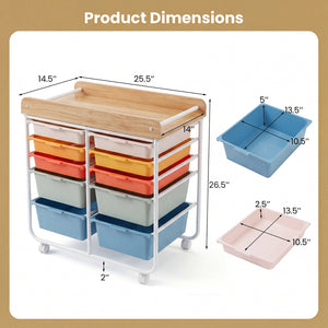 10-Drawer Rolling Cart with Wooden Tabletop and Lockable Wheels for Office-Macaron
