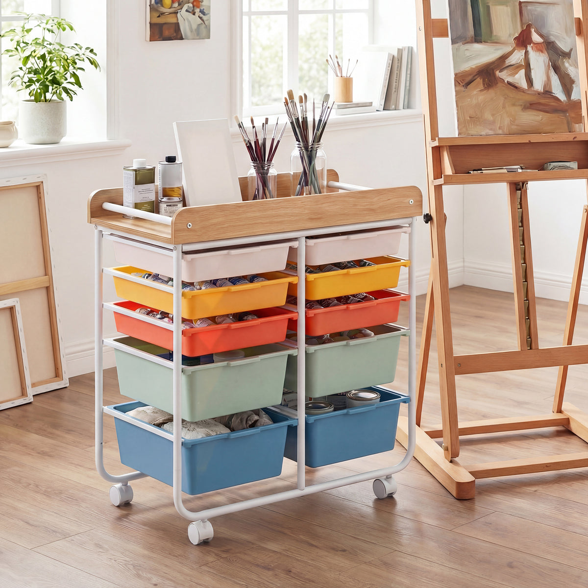 10-Drawer Rolling Cart with Wooden Tabletop and Lockable Wheels for Office-Macaron