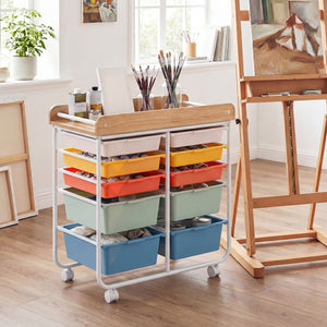 10-Drawer Rolling Cart with Wooden Tabletop and Lockable Wheels for Office-Macaron