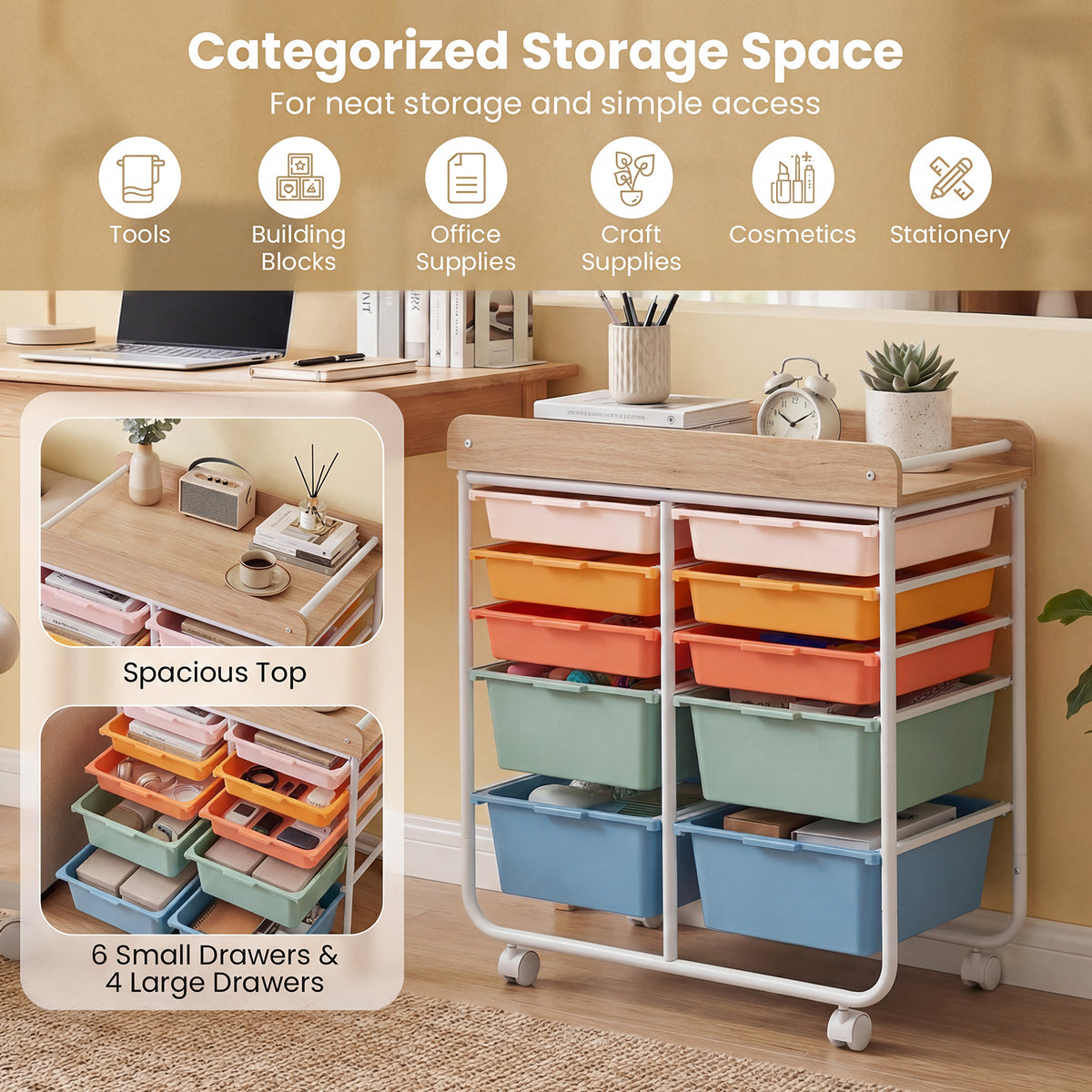 10-Drawer Rolling Cart with Wooden Tabletop and Lockable Wheels for Office-Macaron