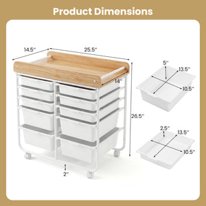 10-Drawer Rolling Cart with Wooden Tabletop and Lockable Wheels for Office-White