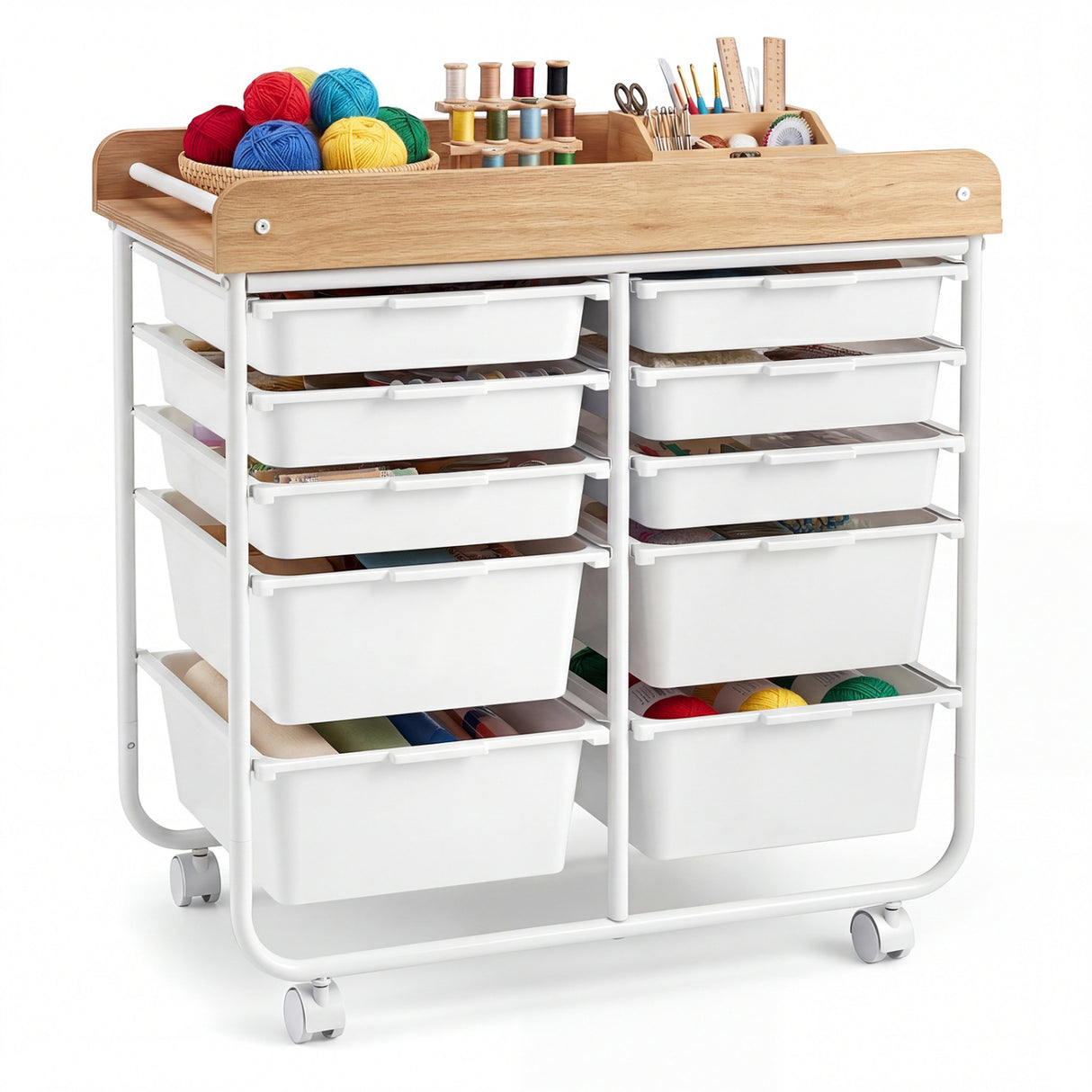 10-Drawer Rolling Cart with Wooden Tabletop and Lockable Wheels for Office-White