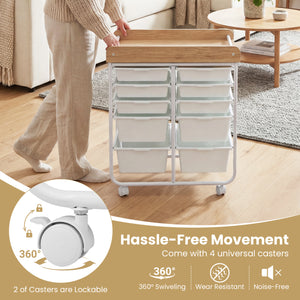 10-Drawer Rolling Cart with Wooden Tabletop and Lockable Wheels for Office-White