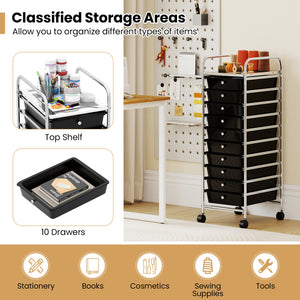 10-Drawer Rolling Storage Cart with Metal Frame and Lockable Universal Wheels-Black