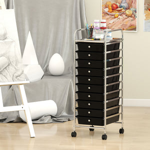 10-Drawer Rolling Storage Cart with Metal Frame and Lockable Universal Wheels-Black