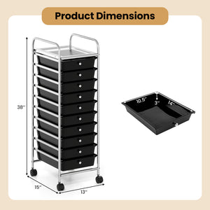10-Drawer Rolling Storage Cart with Metal Frame and Lockable Universal Wheels-Black