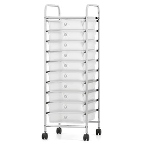 10-Drawer Rolling Storage Cart with Metal Frame and Lockable Universal Wheels-White