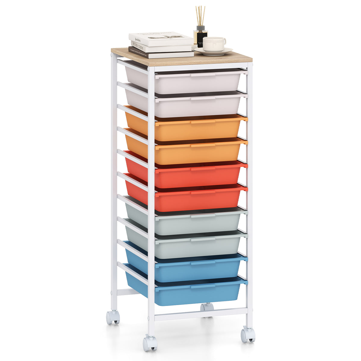 10-Drawer Rolling Storage Cart Mobile Utility Organizer with Wooden Tabletop and Lockable Wheels-Macaron