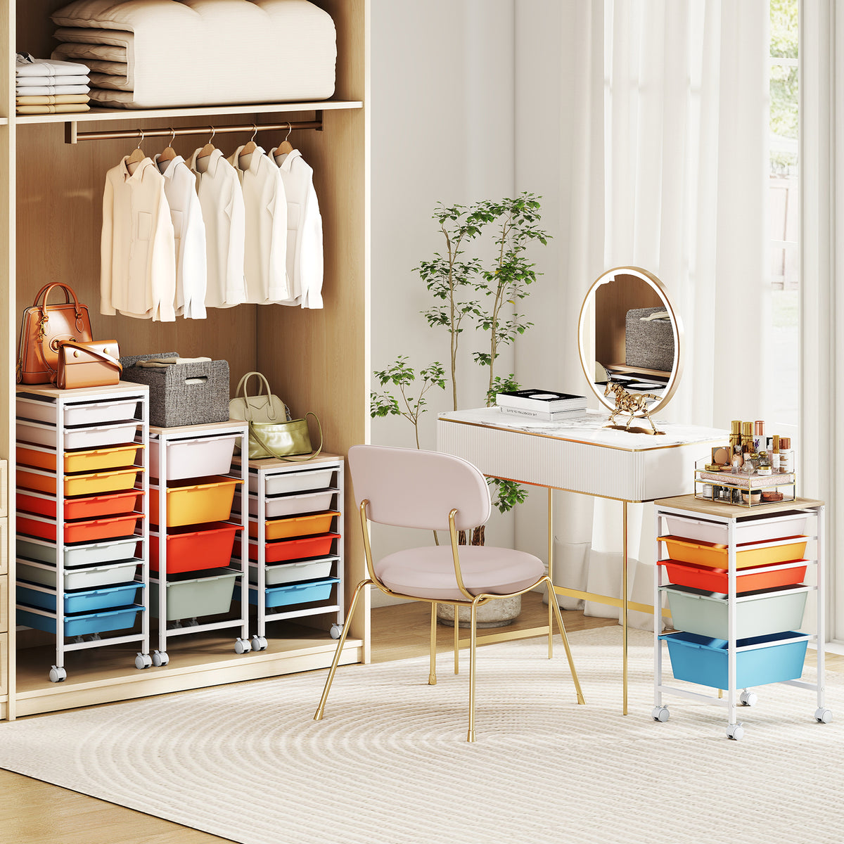 10-Drawer Rolling Storage Cart Mobile Utility Organizer with Wooden Tabletop and Lockable Wheels-Macaron