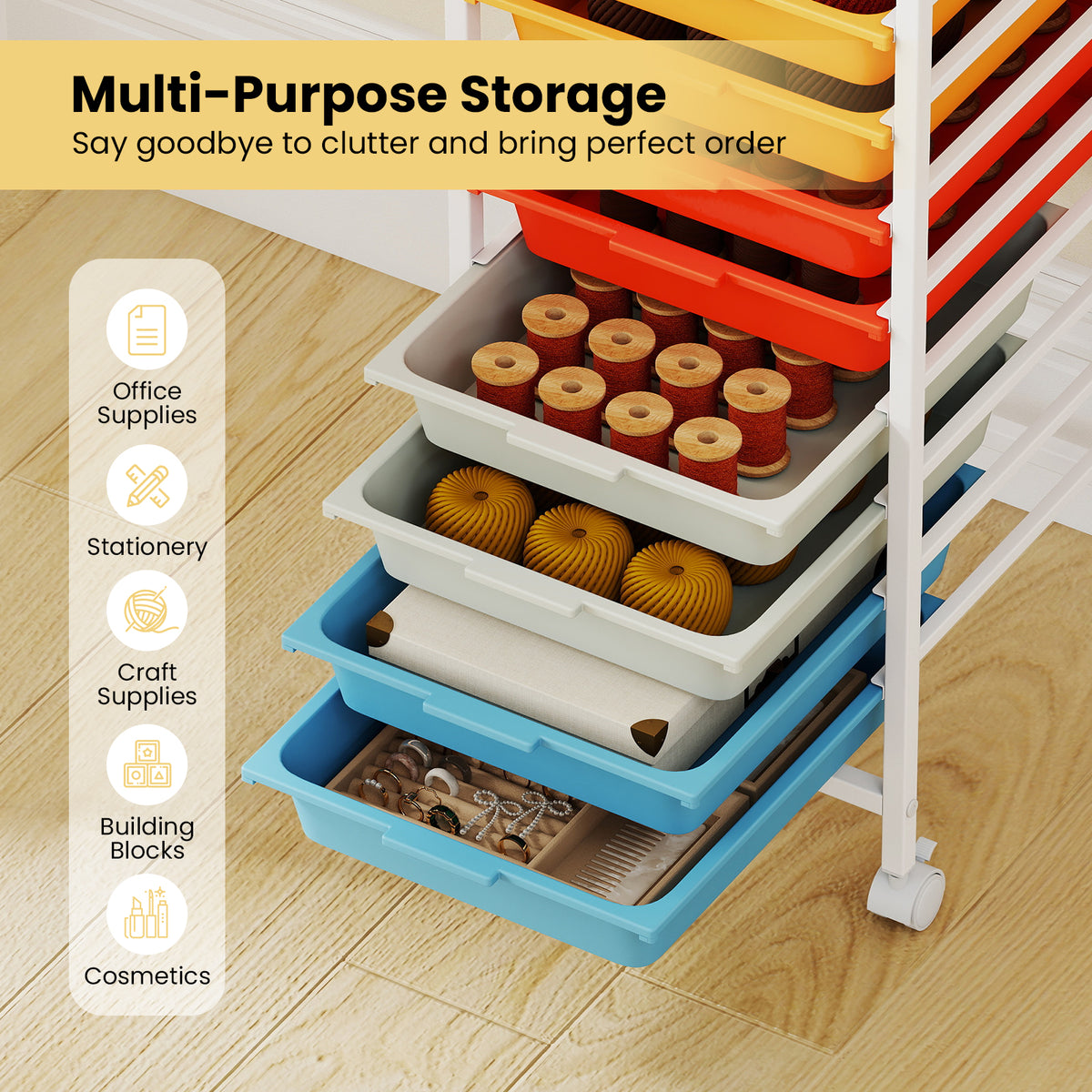 10-Drawer Rolling Storage Cart Mobile Utility Organizer with Wooden Tabletop and Lockable Wheels-Macaron