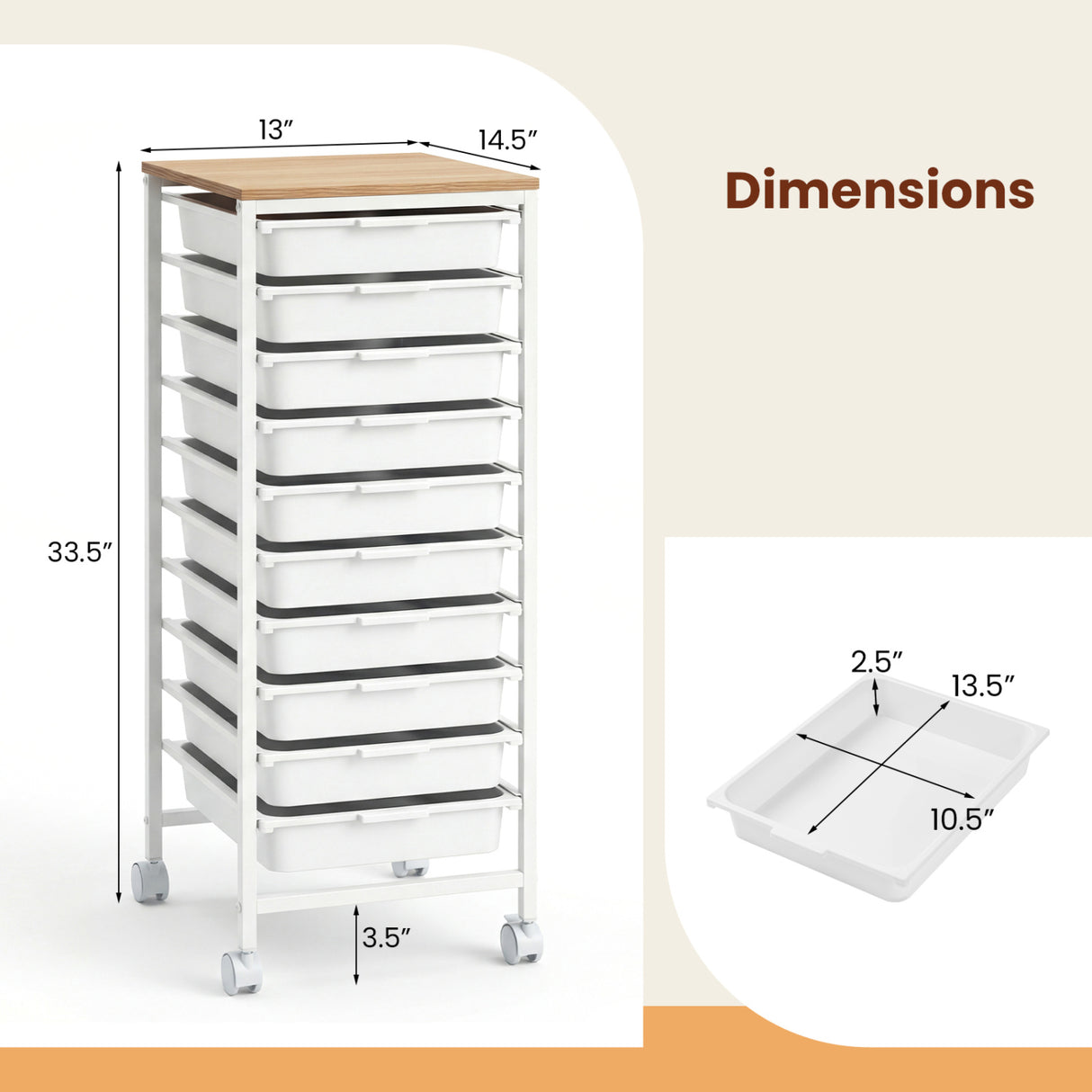 10-Drawer Rolling Storage Cart Mobile Utility Organizer with Wooden Tabletop and Lockable Wheels-White