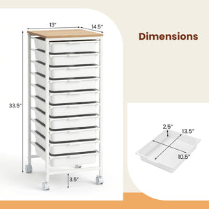 10-Drawer Rolling Storage Cart Mobile Utility Organizer with Wooden Tabletop and Lockable Wheels-White