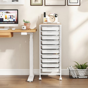 10-Drawer Rolling Storage Cart Mobile Utility Organizer with Wooden Tabletop and Lockable Wheels-White
