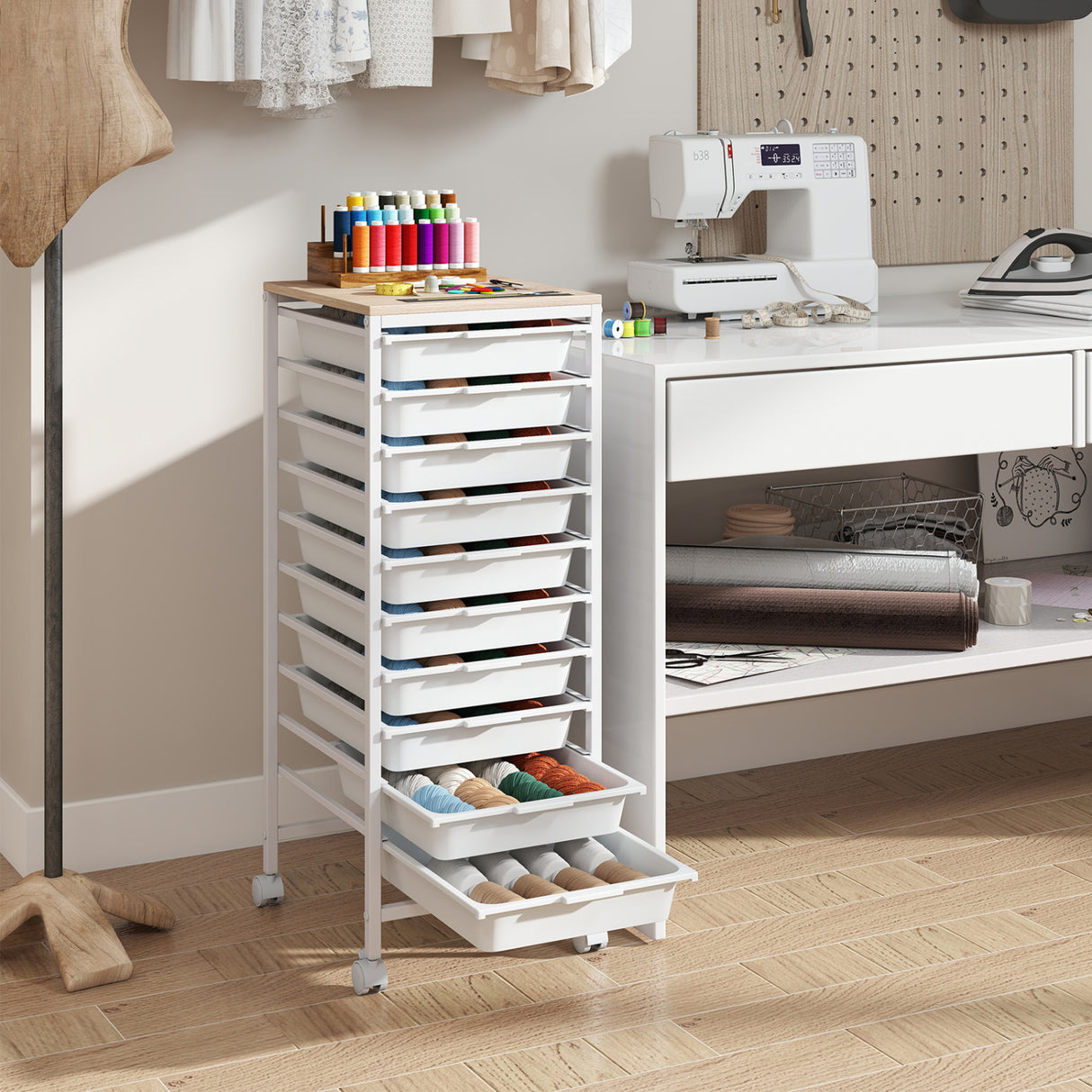 10-Drawer Rolling Storage Cart Mobile Utility Organizer with Wooden Tabletop and Lockable Wheels-White