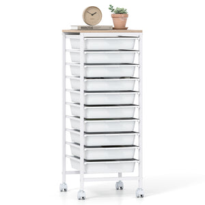 10-Drawer Rolling Storage Cart Mobile Utility Organizer with Wooden Tabletop and Lockable Wheels-White