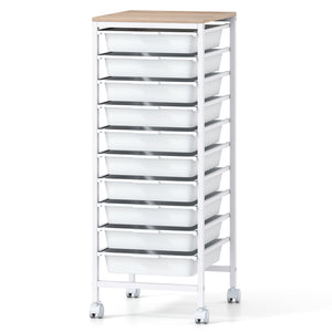 10-Drawer Rolling Storage Cart Mobile Utility Organizer with Wooden Tabletop and Lockable Wheels-White