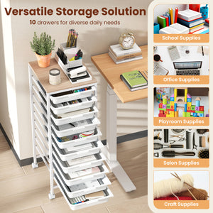 10-Drawer Rolling Storage Cart Mobile Utility Organizer with Wooden Tabletop and Lockable Wheels-White
