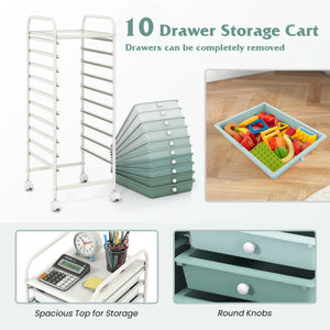 10 Drawer Rolling Storage Cart Organizer with 4 Universal Casters-Green