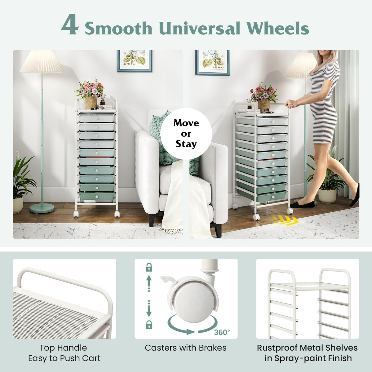 10 Drawer Rolling Storage Cart Organizer with 4 Universal Casters-Green