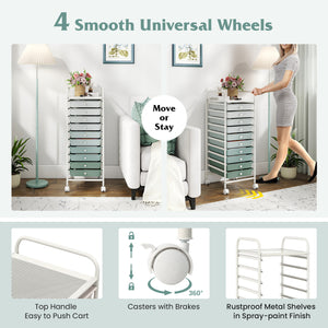 10 Drawer Rolling Storage Cart Organizer with 4 Universal Casters-Green