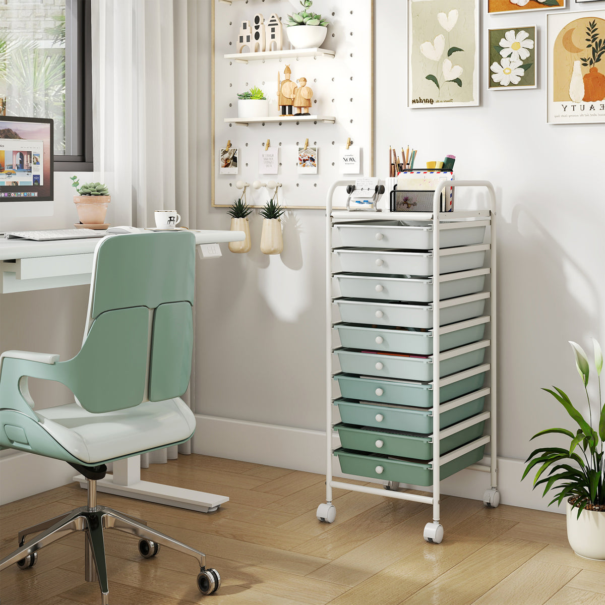 10 Drawer Rolling Storage Cart Organizer with 4 Universal Casters-Green
