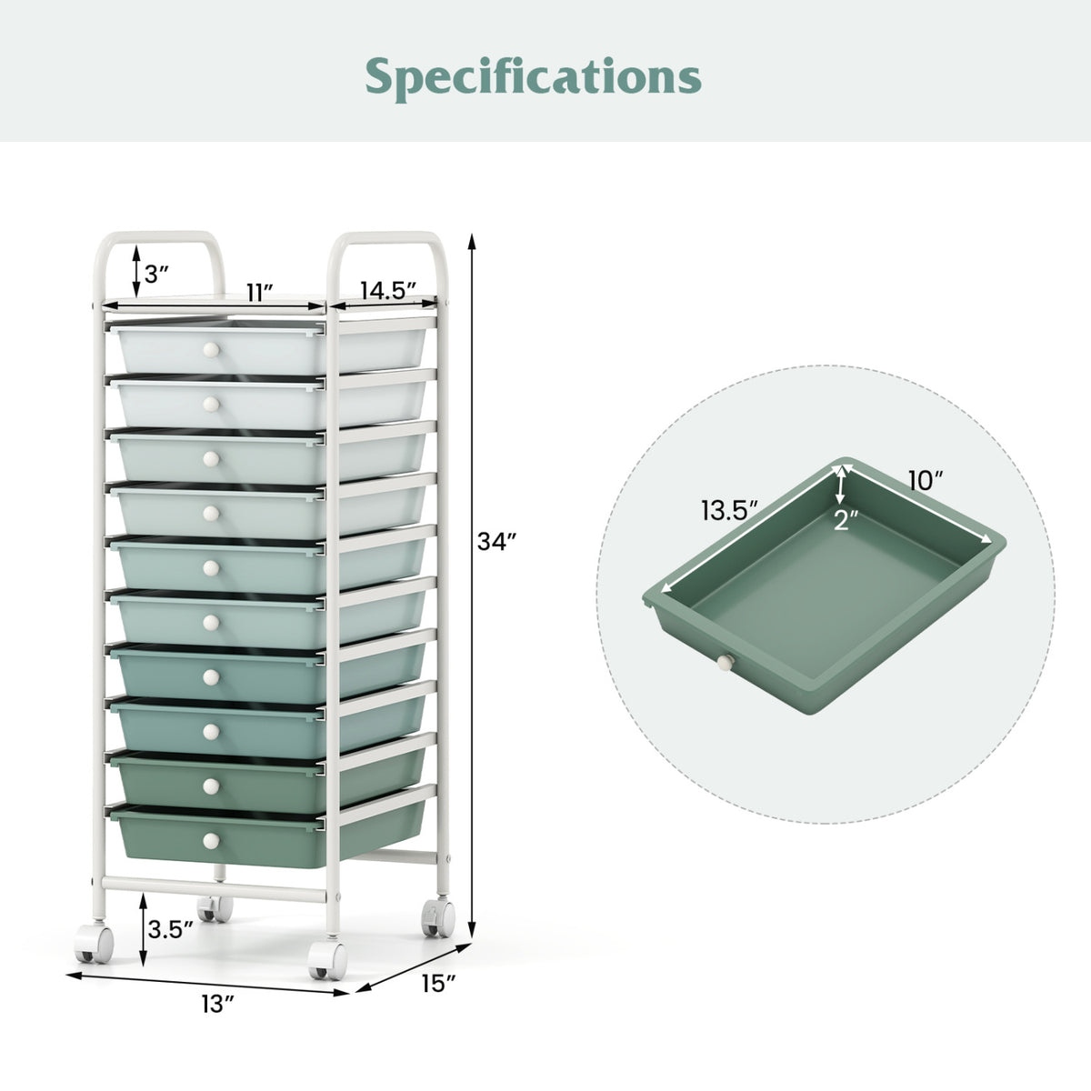 10 Drawer Rolling Storage Cart Organizer with 4 Universal Casters-Green
