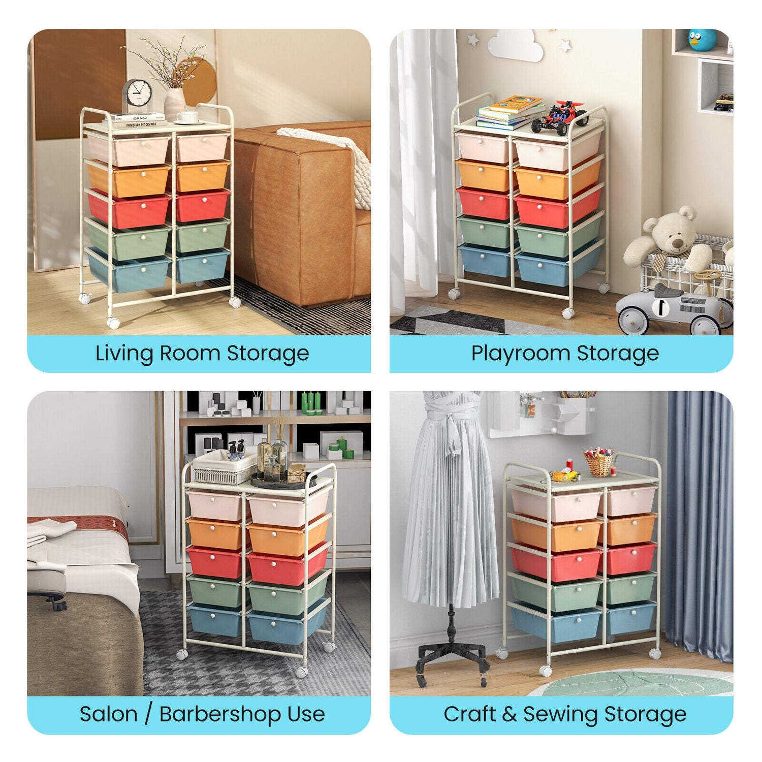 10-Drawer Rolling Storage Cart-Multicolor by DirectDeals
