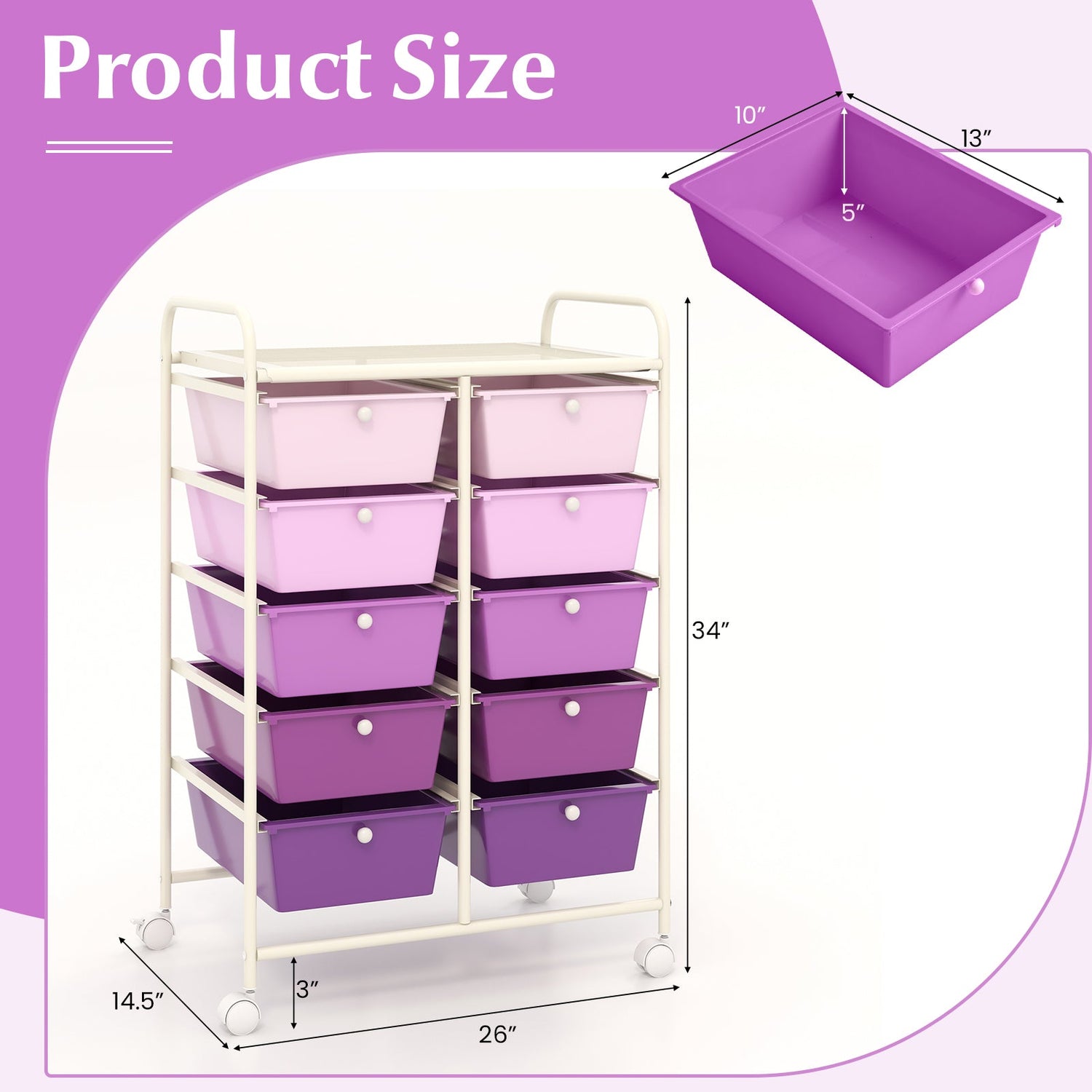 10-Drawer Rolling Storage Cart-Purple by DirectDeals