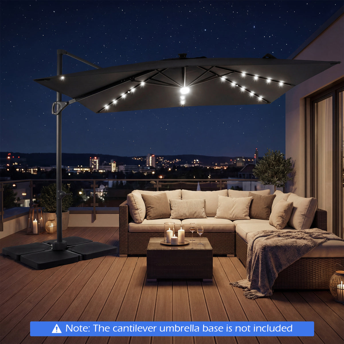 10 FT Cantilever Patio Umbrella with Solar LED Lights for Pool and Garden-Gray