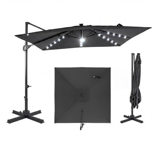 10 FT Cantilever Patio Umbrella with Solar LED Lights for Pool and Garden-Gray