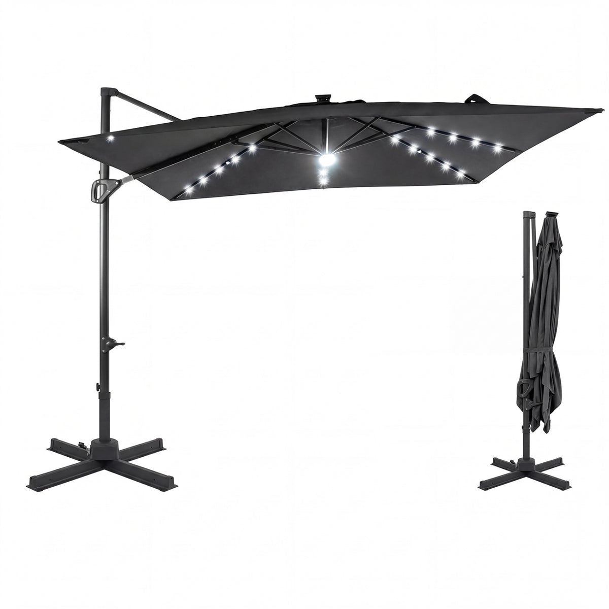 10 FT Cantilever Patio Umbrella with Solar LED Lights for Pool and Garden-Gray