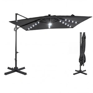 10 FT Cantilever Patio Umbrella with Solar LED Lights for Pool and Garden-Gray