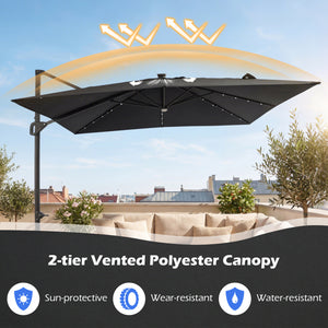 10 FT Cantilever Patio Umbrella with Solar LED Lights for Pool and Garden-Gray