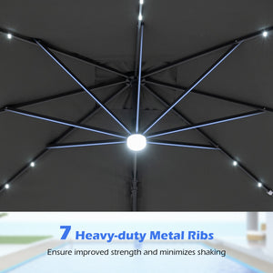 10 FT Cantilever Patio Umbrella with Solar LED Lights for Pool and Garden-Gray