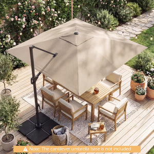 10 FT Cantilever Patio Umbrella with Solar LED Lights for Pool and Garden-Beige