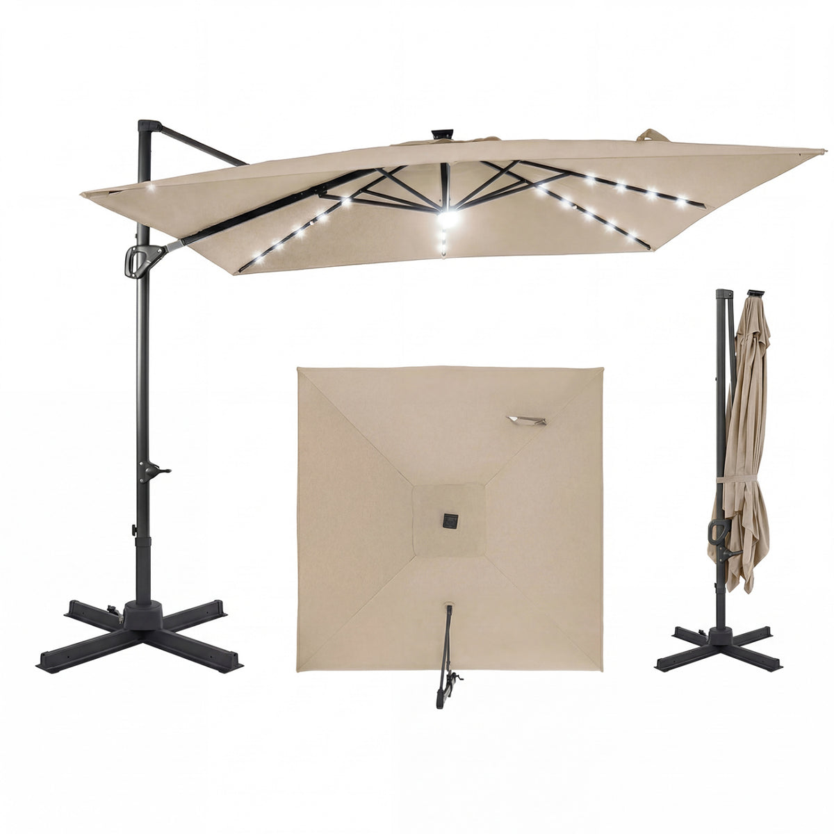 10 FT Cantilever Patio Umbrella with Solar LED Lights for Pool and Garden-Beige