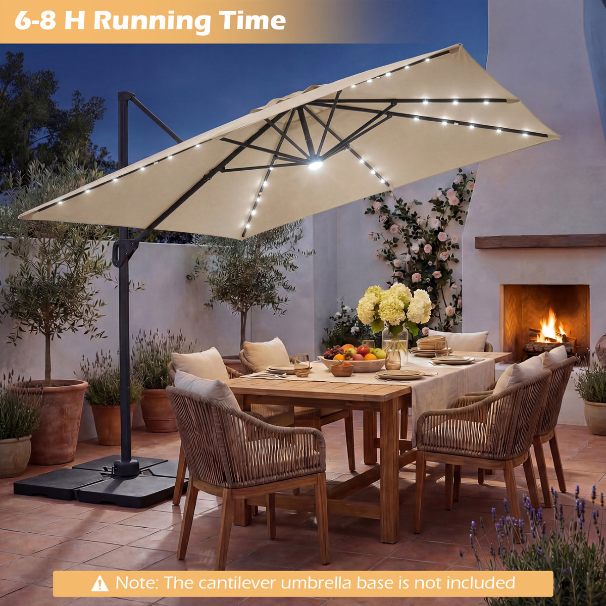 10 FT Cantilever Patio Umbrella with Solar LED Lights for Pool and Garden-Beige