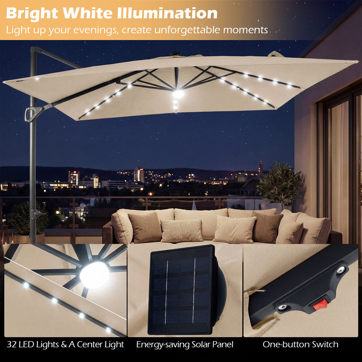 10 FT Cantilever Patio Umbrella with Solar LED Lights for Pool and Garden-Beige