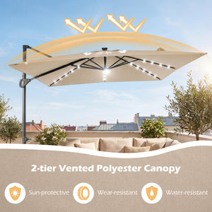 10 FT Cantilever Patio Umbrella with Solar LED Lights for Pool and Garden-Beige