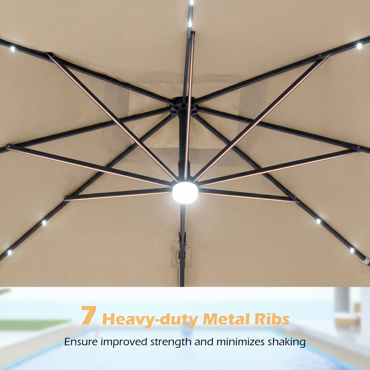 10 FT Cantilever Patio Umbrella with Solar LED Lights for Pool and Garden-Beige