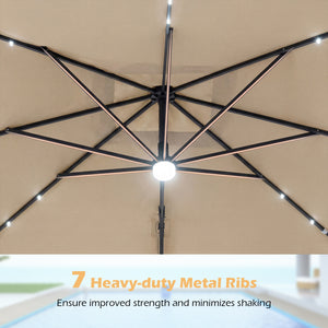 10 FT Cantilever Patio Umbrella with Solar LED Lights for Pool and Garden-Beige