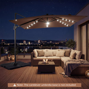10 FT Cantilever Patio Umbrella with Solar LED Lights for Pool and Garden-Brown