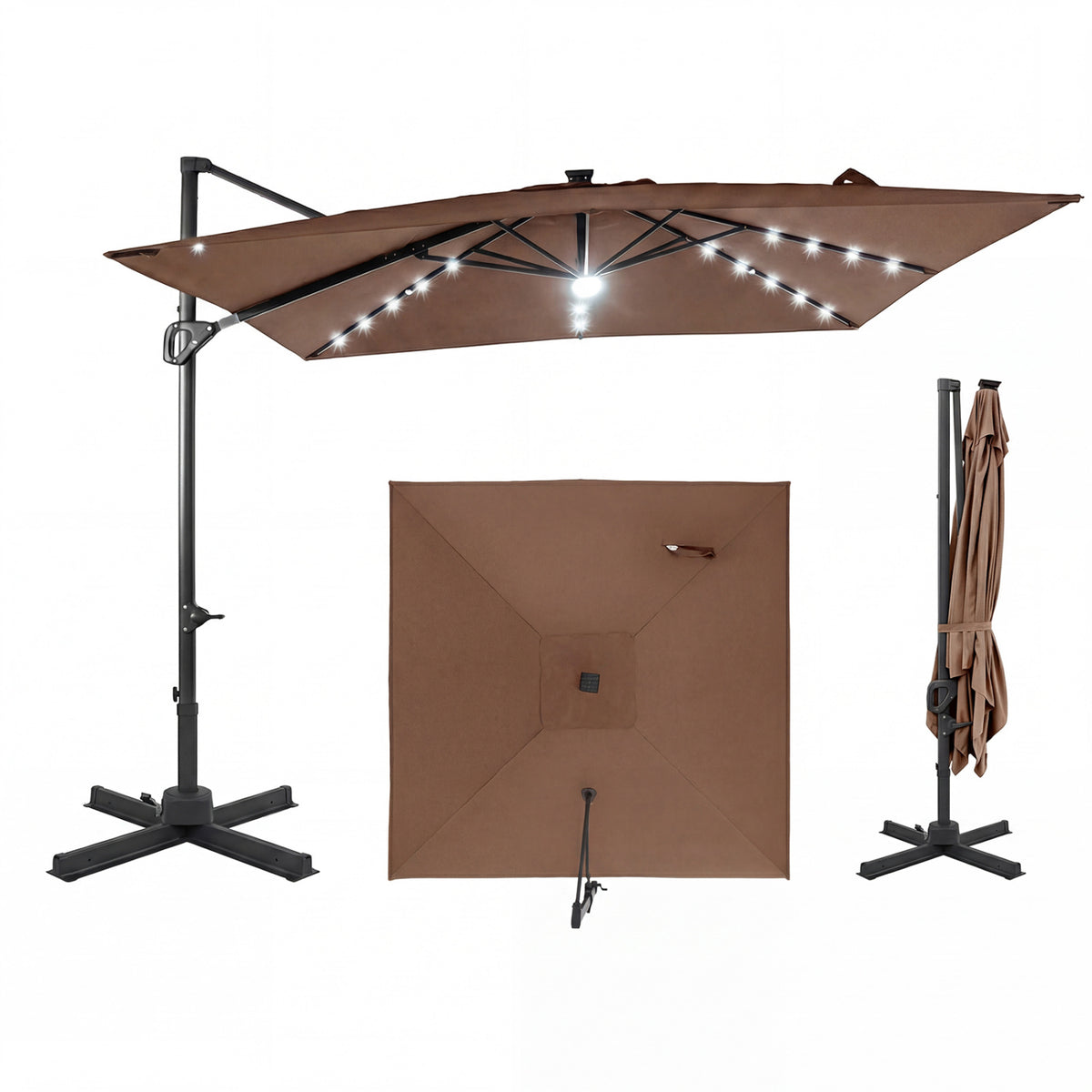 10 FT Cantilever Patio Umbrella with Solar LED Lights for Pool and Garden-Brown