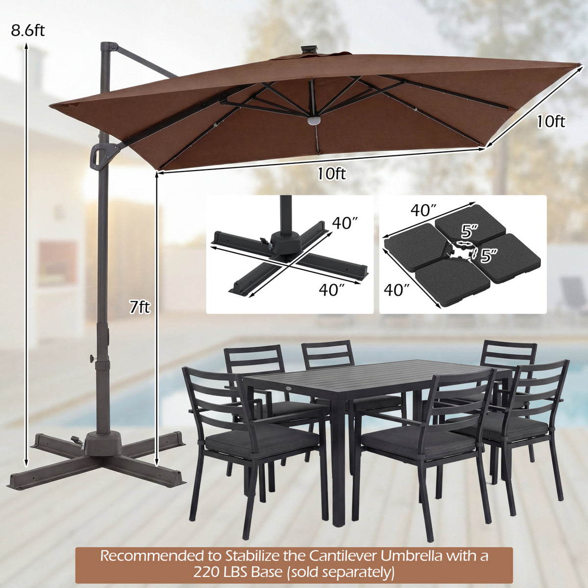 10 FT Cantilever Patio Umbrella with Solar LED Lights for Pool and Garden-Brown