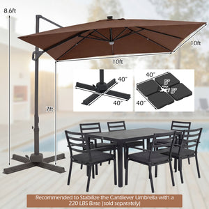 10 FT Cantilever Patio Umbrella with Solar LED Lights for Pool and Garden-Brown