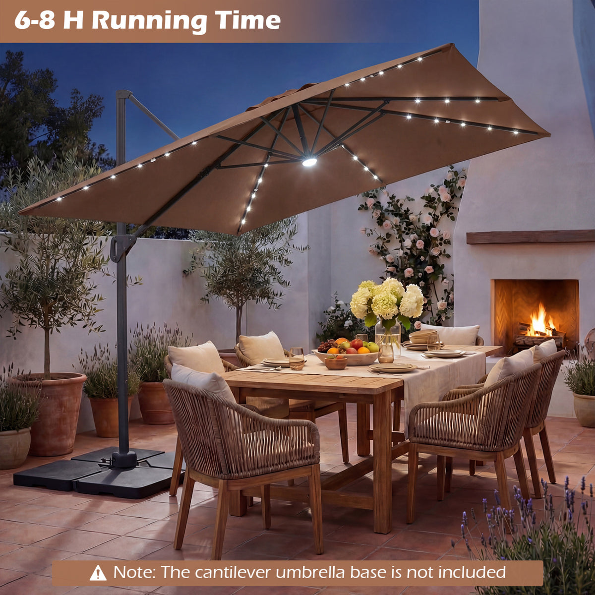 10 FT Cantilever Patio Umbrella with Solar LED Lights for Pool and Garden-Brown
