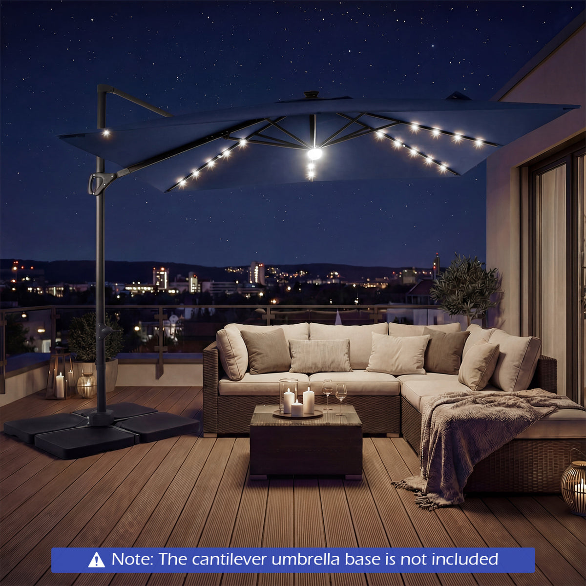 10 FT Cantilever Patio Umbrella with Solar LED Lights for Pool and Garden-Blue